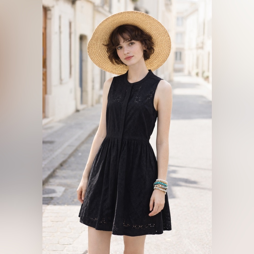 J by J.Crew Cotton Eyelet Shirtdress Sleeveless  Black Women's 6 Pockets Preppy
